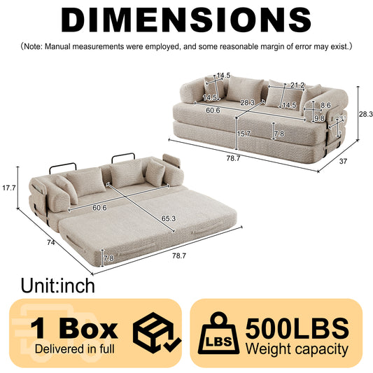 78.7" Convertible Sleeper Sofa Bed – Chenille Folding Couch with Side Pocket & Pillow