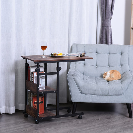 Industrial C-Shaped Mobile Rolling Sofa Side Table with 3-Tier Storage Shelving